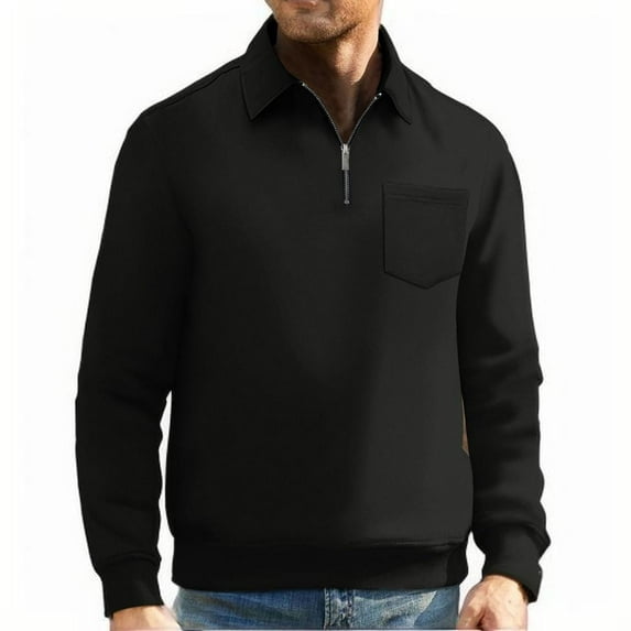 Mens Cotton Blend Sweatshirts with Zipper Collared and Pocket Long Sleeve Golf Shirts Vintage Solid Color Pullover Business Work Sweatshirt Tops
