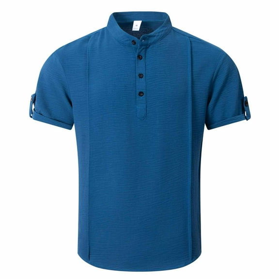 Mens Cotton Blend T-Shirts Short Sleeve Pullover Button Stand Collared Tshirts Shirts Casual Lightweight Solid Pleated Going-Out Tees Tops