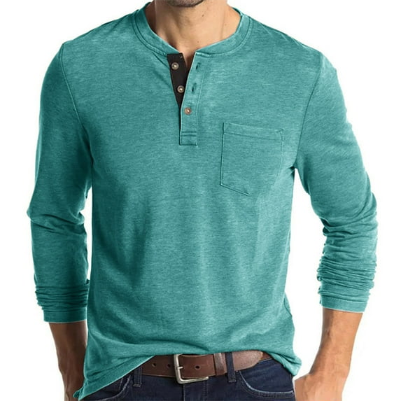 Mens Cotton Blend T Shirts with Pocket Long Sleeve Button Crewneck Tees Tops Casual Solid Color Pullover Comfort Basic Office Work Tshirts Shirt