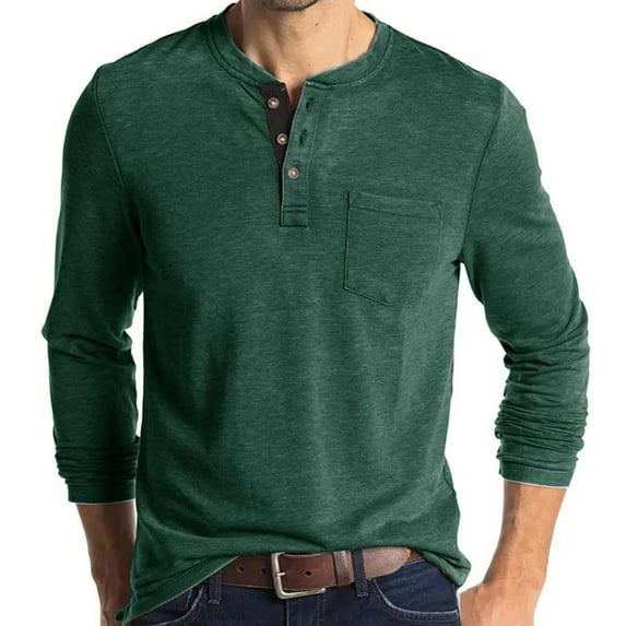 Mens Cotton Blend T Shirts with Pocket Long Sleeve Button Crewneck Tees Tops Casual Solid Color Pullover Comfort Basic Office Work Tshirts Shirt
