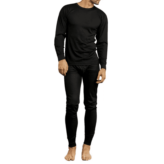 Mens Cotton Blend Waffle Knit Thermal Top & Bottom Set. Black, Large