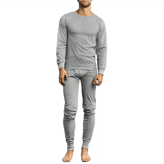 Mens Cotton Blend Waffle Knit Thermal Top & Bottom Set. Gray, Large