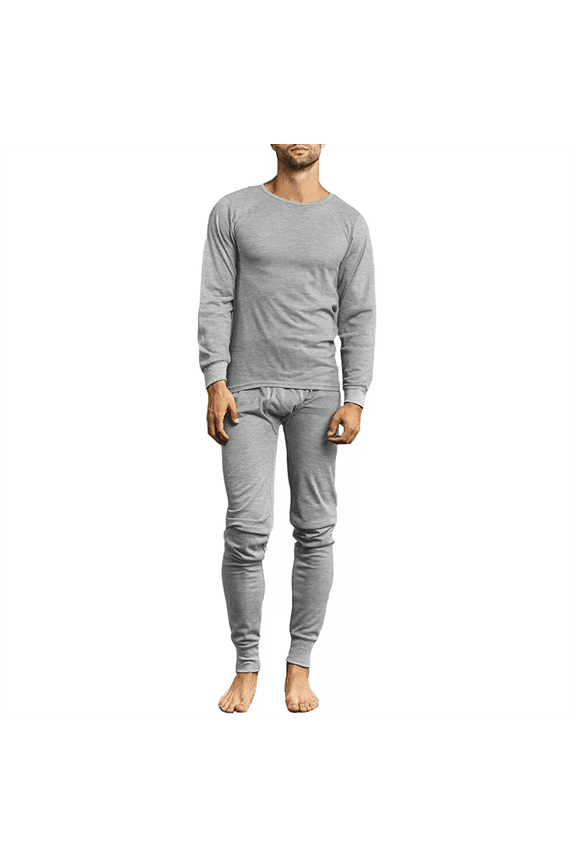 Mens Cotton Blend Waffle Knit Thermal Top & Bottom Set. Gray, Large