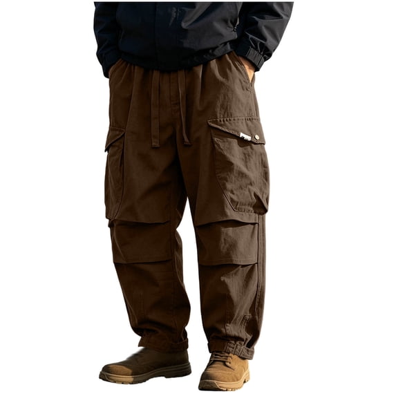Mens Cotton Cargo Pants Baggy Vintage Drawstring Waist Multi Pocket Outdoor Hiking Trousers Coffee S