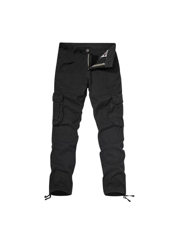 Mens Cotton Cargo Pants Button Zipper Multi-Pocket Work Pants Baggy Casual Hiking Black S