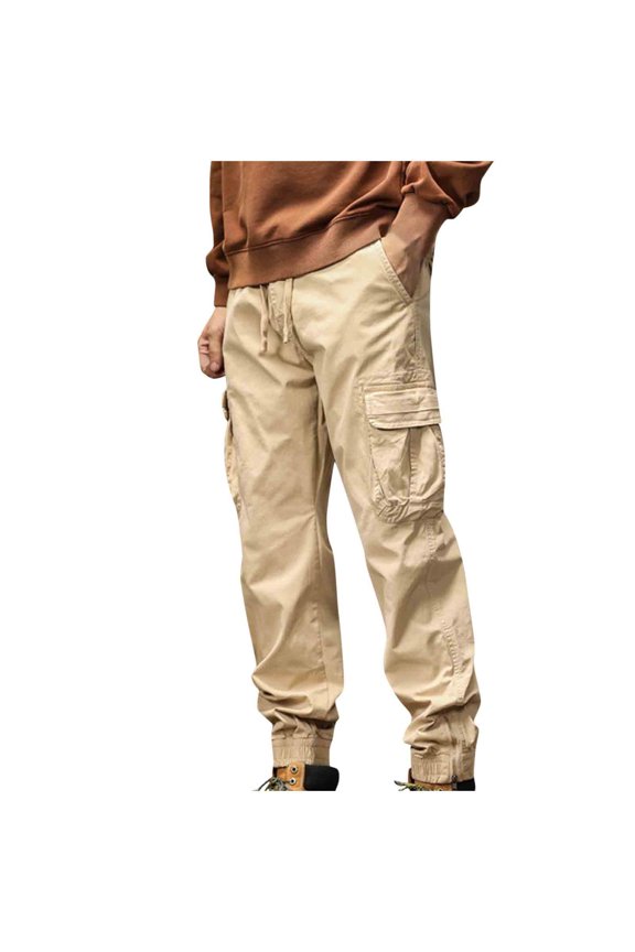 Mens Cotton Cargo Pants Elastic Cuff Drawstring Multi-Pocket Workout Pants Casual Work Khaki L