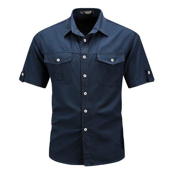 Mens Cotton Cargo Shirts with Pockets Big & Tall M-5X Short Sleeve Button Up Collared T-Shirts Plus Size Casual Solid Basic Work Tops
