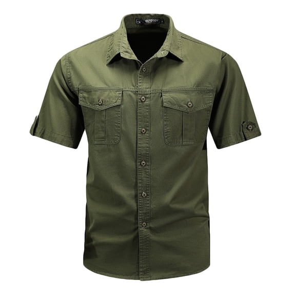Mens Cotton Cargo Shirts with Pockets Big & Tall M-5X Short Sleeve Button Up Collared T-Shirts Plus Size Casual Solid Basic Work Tops