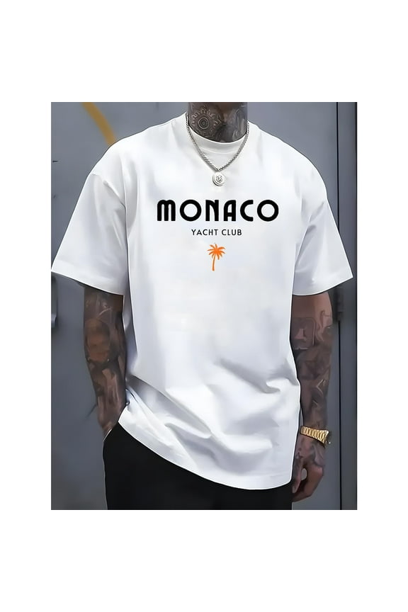 Mens Cotton Crew Neck Print T-Shirts with Palm Tree Design Pattern Classy Cotton Graphic Tops - Monaco Yacht Club Inspired Casual Graphic Tees(S-5XL)