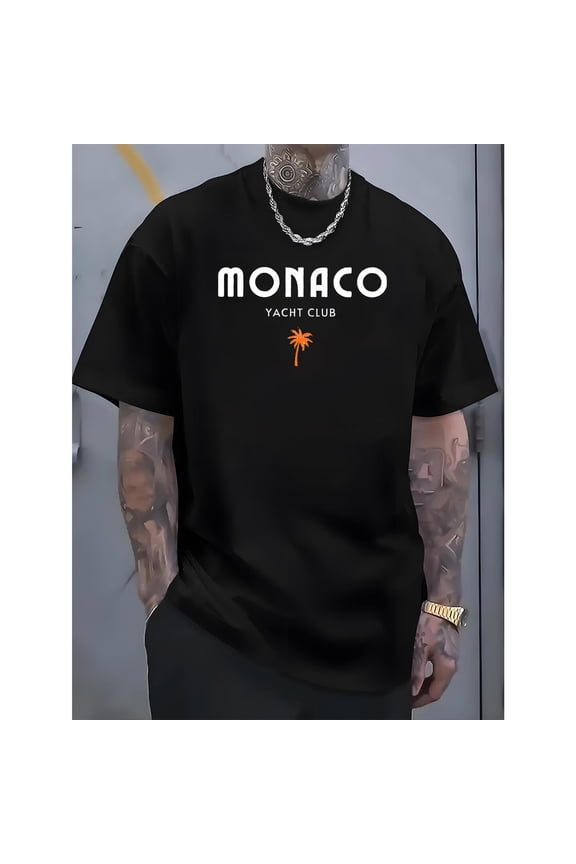 Mens Cotton Crew Neck Print T-Shirts with Palm Tree Design Pattern Tops - Monaco Yacht Club Inspired Casual Graphic Tees(S-5XL)