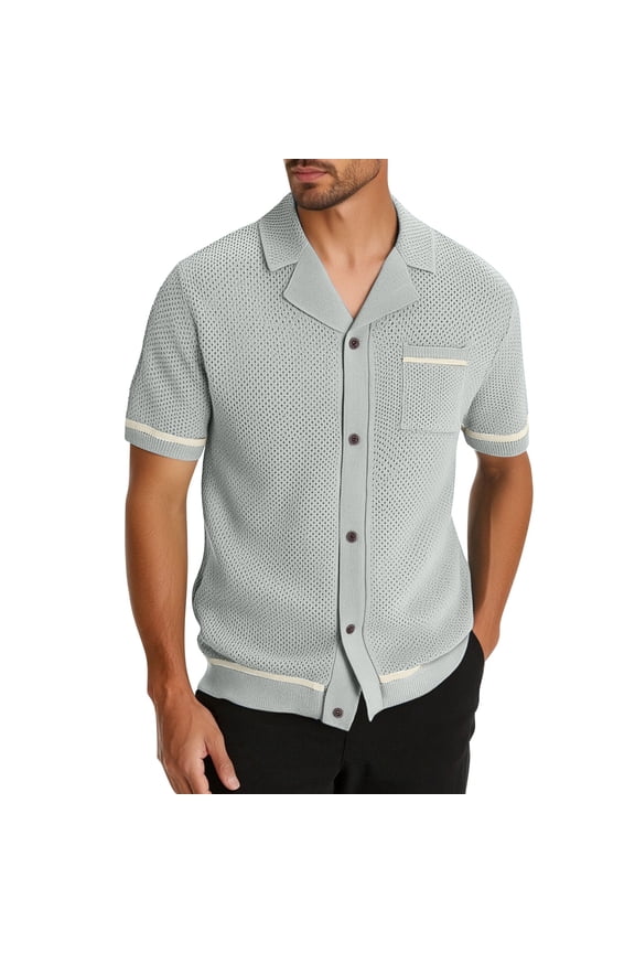 Mens Cotton Crochet Short Sleeve Button Down Shirts Hollow Out Cuban Collar Beach Vacation Tops with Pocket Summer Retro Vintage Old Money Style, Father's Day Gift