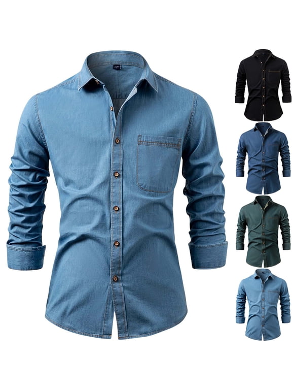 Mens Cotton Denim Shacket Classic Button Down Chambray Shirt Long Sleeve Workwear Top for Outdoor Travel Daily Wear Chest Pocket, Light Blue, S