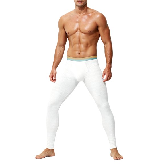 Mens Cotton Double Crotch High Stretch Slim Fit Thermal Long Johns White XXL