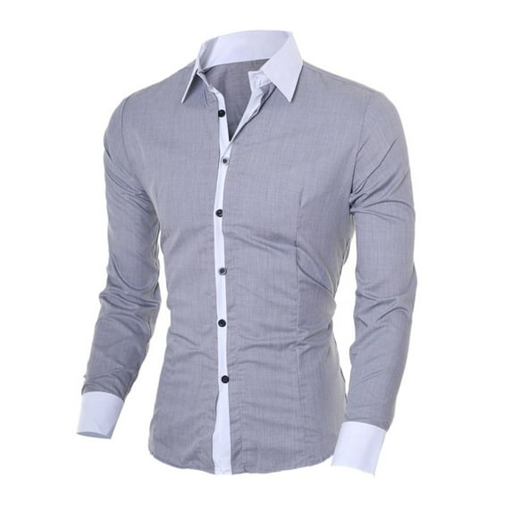 Mens Cotton Dress Shirts Long Sleeve Slim-Fit Business Work Tshirts Shirt Button-Down Collared Trendy Color-Block Lapel Tops 2025