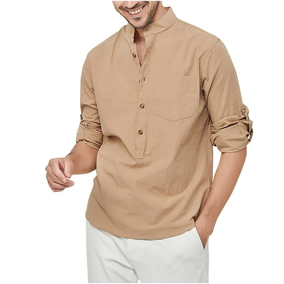 Mens Cotton Henley Shirts Cotton Linen Henley Shirts for Men Casual Lightweight Roll-Up Sleeve Henley Beach Shirts Buttons Down Solid Shirts Summer Hawaiian Beach Hippie Button T Shirts