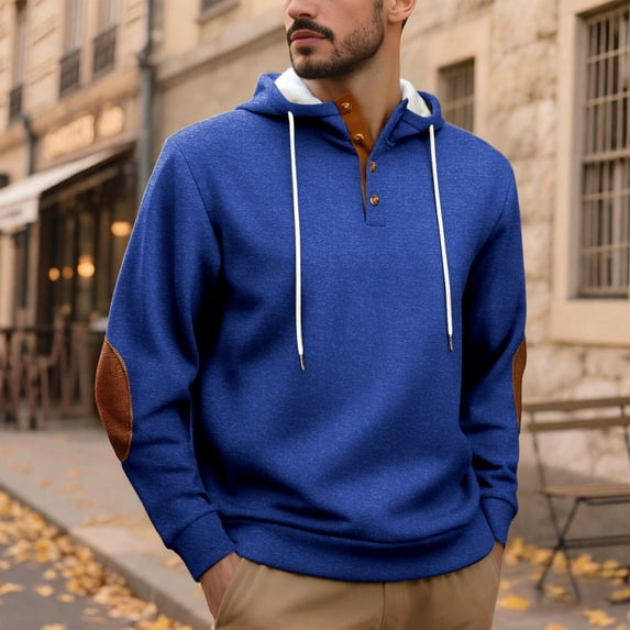 Mens Cotton Hooded Collar Drawstring Hoodies Pullover Sweatshirts (Blue XL)