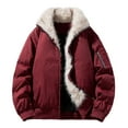 thumbnail image 1 of Mens Cotton Jacket Faux Fur Collar Full Zip Long Sleeve Casual Loose Fit Workwear Fall Winter Warm Coats with Pockets (XL, Red), 1 of 4