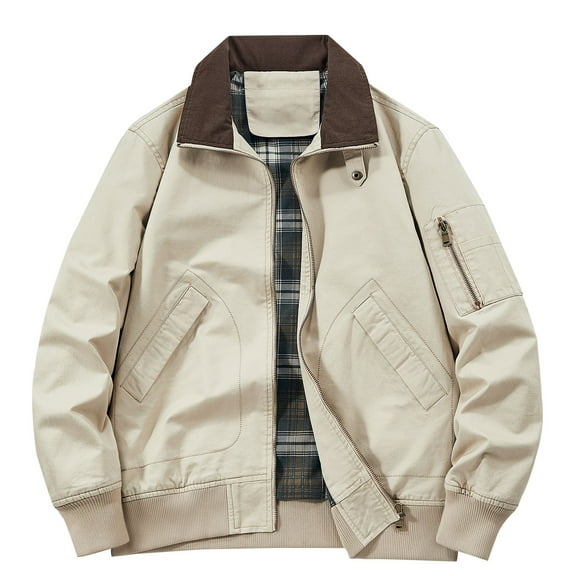 Mens Cotton Jackets Casual Long Sleeve Zip Up Sherpa Jacket with Pockets Business Work Coat, Beige, M