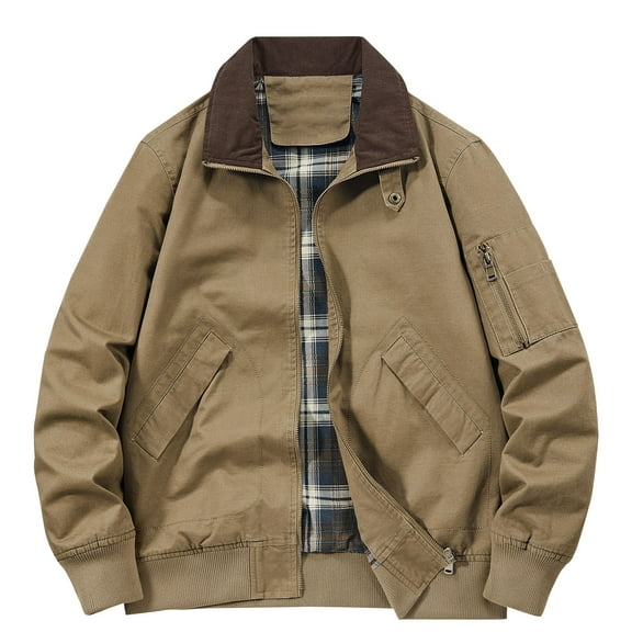 Mens Cotton Jackets Casual Long Sleeve Zip Up Sherpa Jacket with Pockets Business Work Coat, Brown, L
