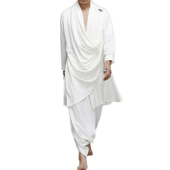 Mens Cotton Kung Fu Yoga Cotton Linen Long Tops Pants Sets Traditional Tang Suits