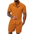 thumbnail image 1 of Mens Cotton Linen 2 Piece Sets Short Sleeve Button Down Beach Shirts Elastic Waist Drawstring Shorts Summer Loose Vacation Tracksuit with Pocket, 1 of 5