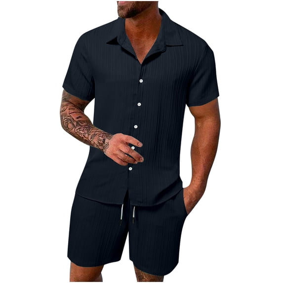 Mens Cotton Linen 2 Piece Sets Short Sleeve Button Down Beach Shirts Elastic Waist Drawstring Shorts Summer Loose Vacation Tracksuit with Pocket