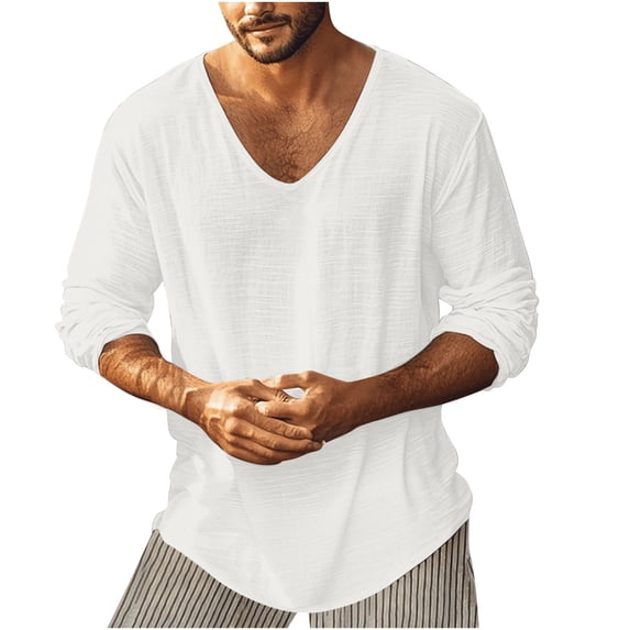 Mens Cotton Linen Basic Tops, Long Sleeve Shirts for Men Fall Casual Loose Fit Solid Color V Neck T-Shirts