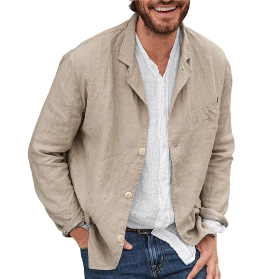Husipze Mens Cotton Linen Blazer Fashion Casual Button Lightweight Suit Jackets Solid Color Turndown Collar Coat Khaki XXL