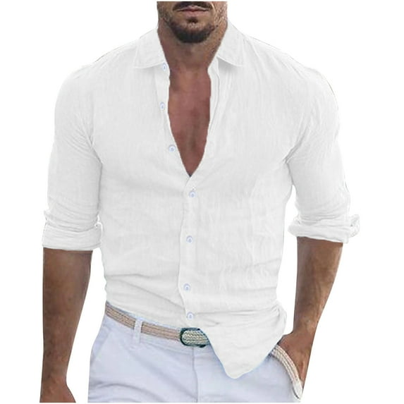 Mens Cotton Linen Button Down Shirt Casual Stylish Long Sleeve Business Dress Shirts