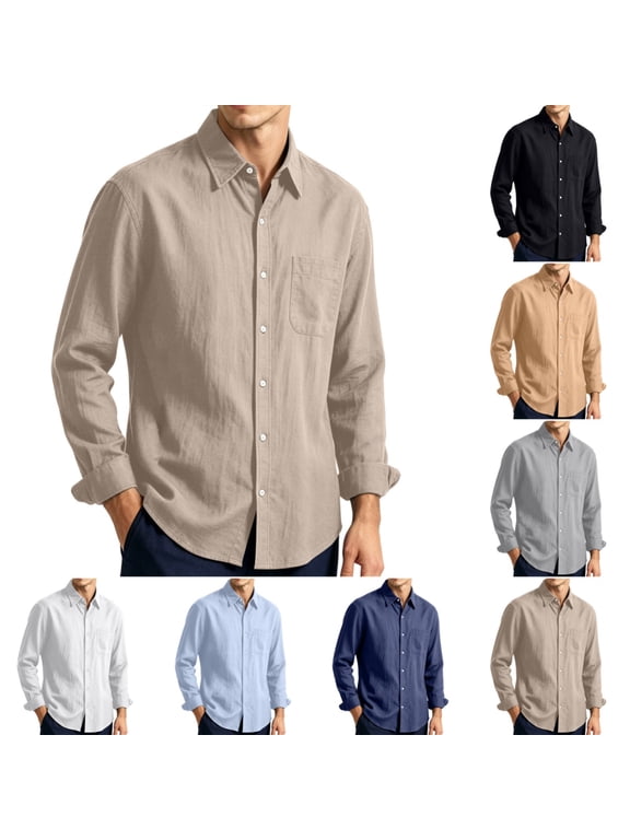Mens Cotton Linen Button Down Shirts Casual Fashion Long Sleeve T Shirts Spring and Autumn Classic Fit Beach T Shirt Khaki XL