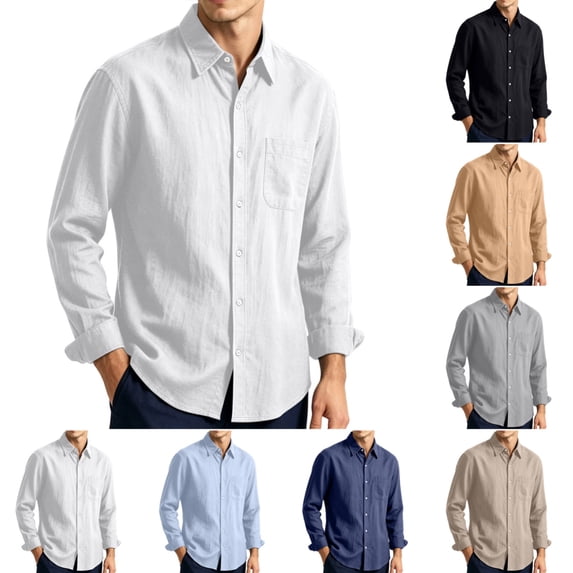 Mens Cotton Linen Button Down Shirts Casual Trendy Long Sleeve Tshirts Spring and Autumn Regular Fit Beach T-Shirts White 2XL