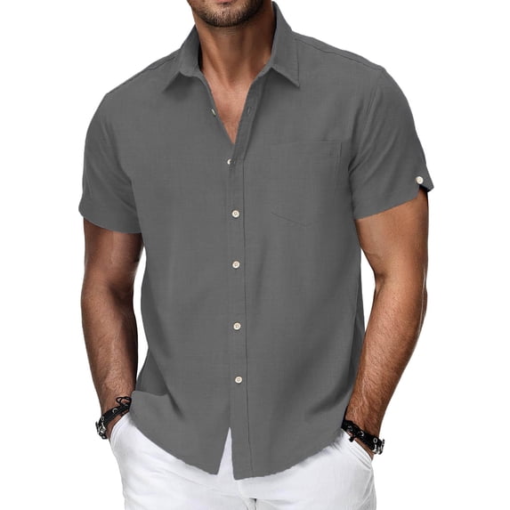 Mens Cotton Linen Button Down Shirts Lapel Collared Short Sleeve Blouse Casual Loose Hawaiian Beach Vacation Summer Tops