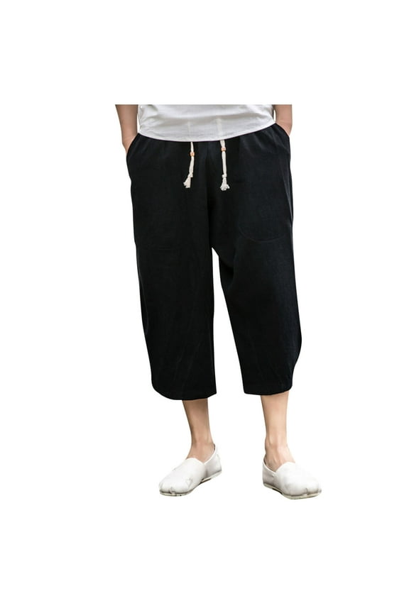 Mens Cotton Linen Capri Pants Light Loose 3/4 Long Shorts Elastic Waist Drawstring Harem Casual Beach Yoga Trousers Cargo Pants for Men