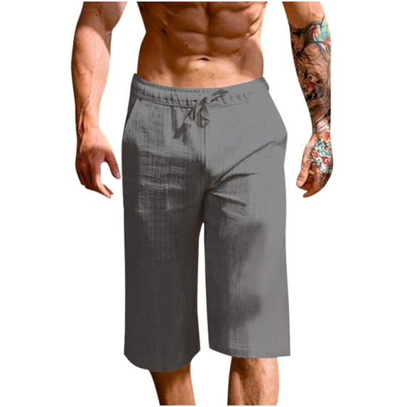 Mens Cotton Linen Capris Pants Drawstring Pockets Casual Shorts Pants Dark Gray