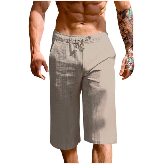 Mens Cotton Linen Capris Pants Drawstring Pockets Casual Shorts Pants Gray