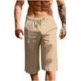 thumbnail image 1 of Mens Cotton Linen Capris Pants Drawstring Pockets Casual Shorts Pants Khaki, 1 of 7