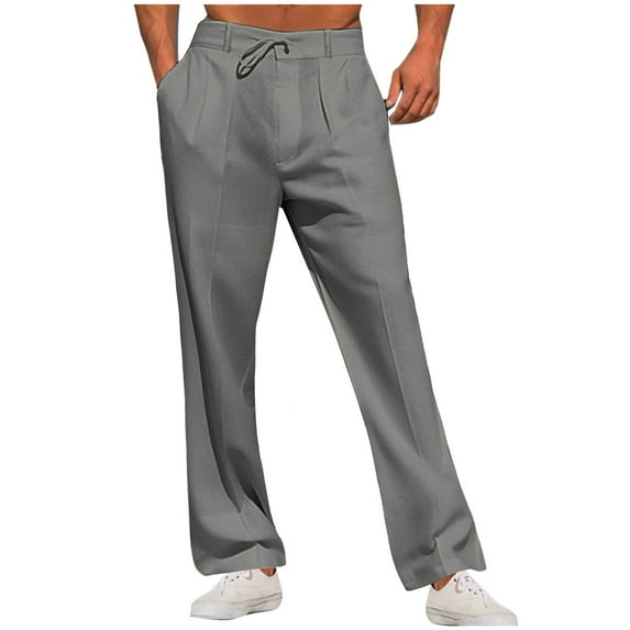 Mens Cotton Linen Casual Pants Elastic Waist Drawstring Lightweight Pants Loose Fit Summer Beach Yoga Trousers