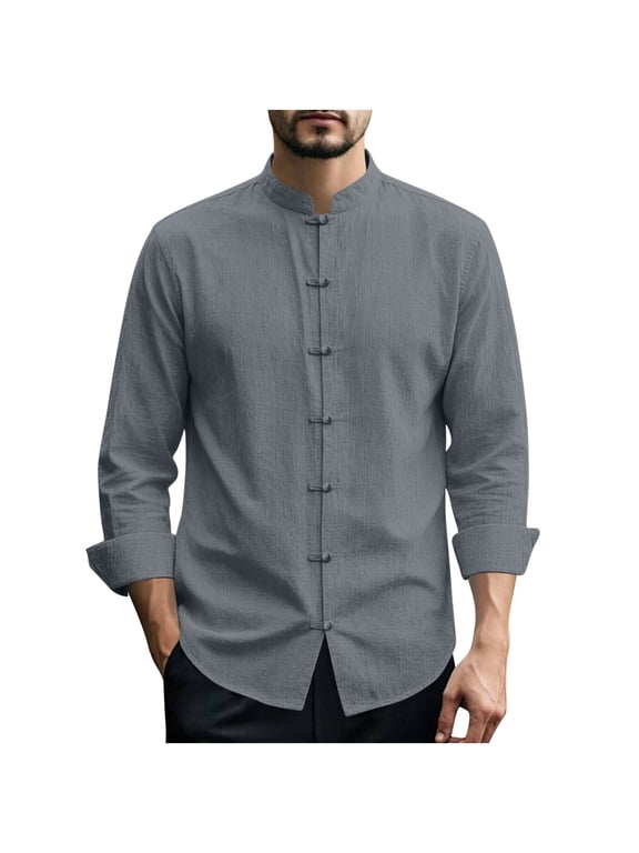 Mens Cotton Linen Casual Shirt Retro Mandarin Collar Button Down Shirt Lightweight Summer Beach Vacation Top