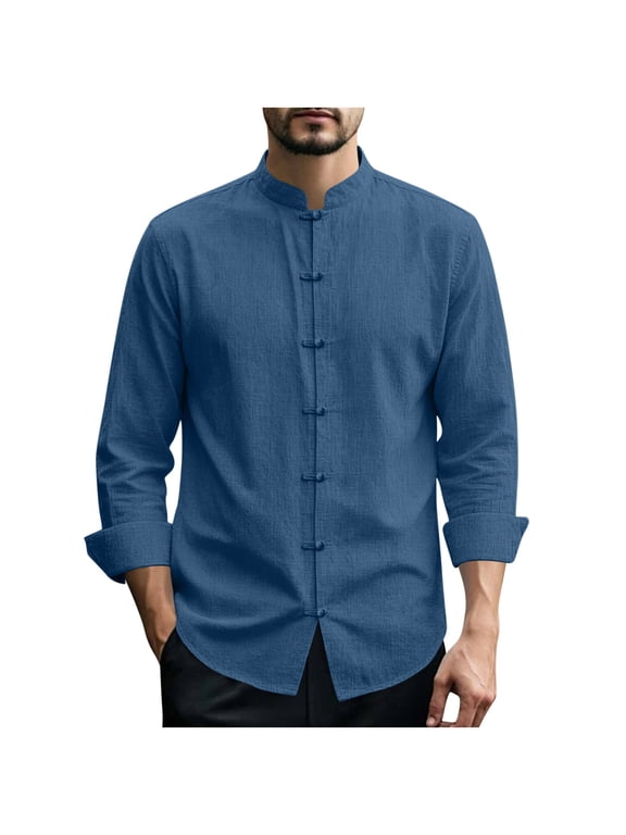 Mens Cotton Linen Casual Shirt Retro Mandarin Collar Button Down Shirt Lightweight Summer Beach Vacation Top