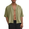 thumbnail image 1 of Mens Cotton Linen Cropped T-Shirts, Summer Tops for Men Lightweight Casual Solid Color Lapel Button Down Short Sleeve Shirts, 1 of 6