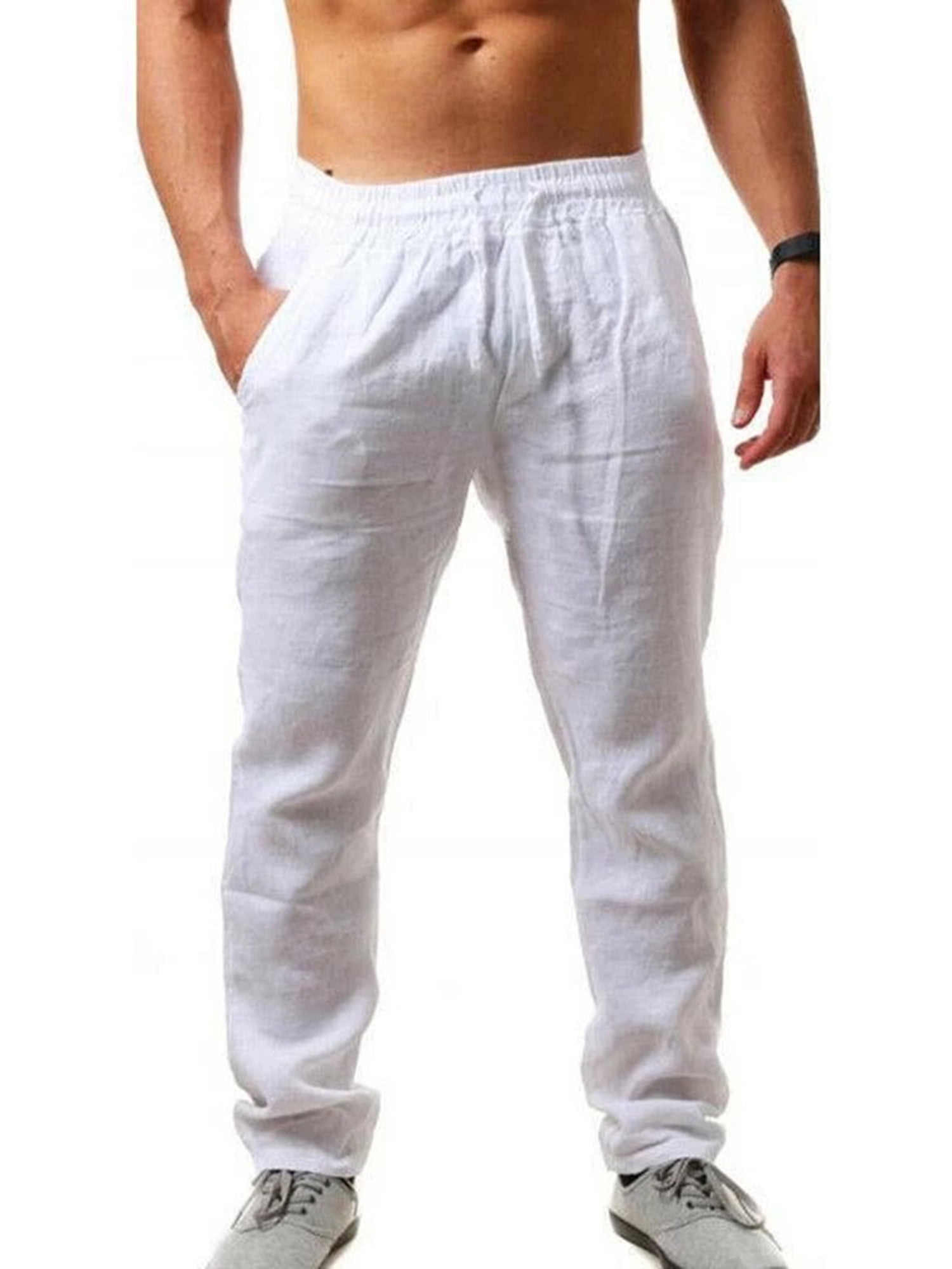 Men's Cotton Linen Pants Casual Elastic Waist Longue Beach Pants Loose  Lightweight Drawstring Sports Trousers with Pockets