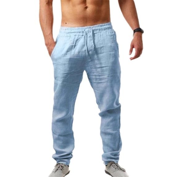 Mens Cotton Linen Drawstring Pants Loose Fit Lightweight Pants Lounge Pants with Pockets Summer Beach Trousers