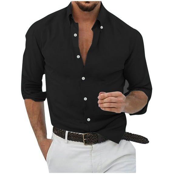 Mens Cotton Linen Dressy Blouses, Long Sleeve Shirts for Men Fall Business Casual Loose Fit Solid Color Lapel Button Down T-Shirts S-3XL