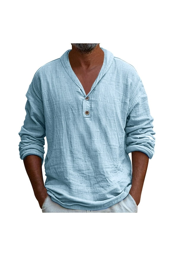 Mens Cotton Linen Dressy Blouses, Long Sleeve Shirts for Men Fall Business Casual Loose Fit Solid Color Lapel Button Up T-Shirts S-3XL