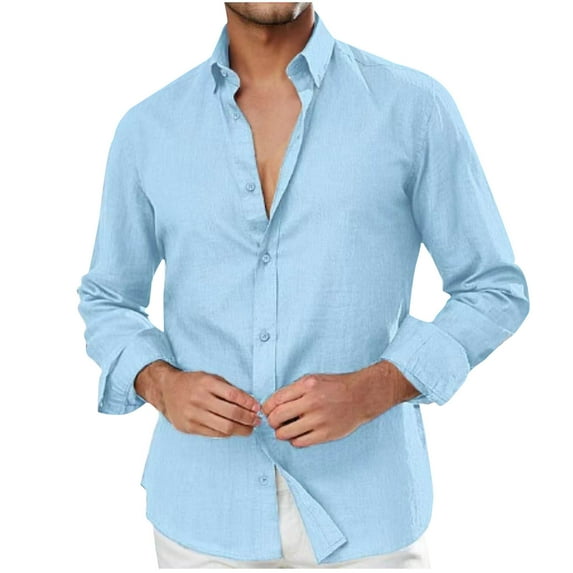 Mens Cotton Linen Dressy Blouses, Long Sleeve Shirts for Men Fall Lightweight Casual Loose Fit Solid Color Lapel Button Down T-Shirts M-3XL