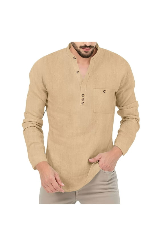 Mens Cotton Linen Dressy Blouses, Long Sleeve Shirts for Men Fall Lightweight Casual Vintage Solid Color Button Up T-Shirts with Pockets S-3XL