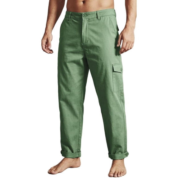 Mens Cotton Linen Golf Dress Pants with Cargo Pocket Classic Fit Flat Front Hidden Expandable Waist No Iron Wrinkle Free Business Casual formal Work to Weekend Big and Tall Size M-3XL Green