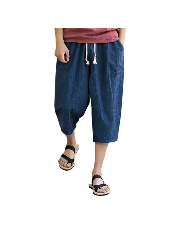 Mens Cotton Linen Harem Capri Pants Drawstring 3/4 Shorts Casual Beach Yoga Hippie Thai Pants Navy
