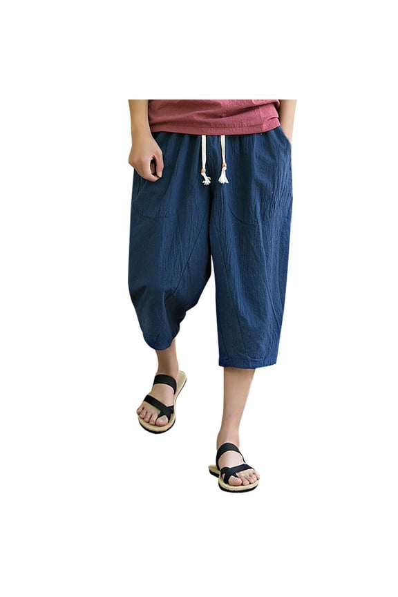 Mens Cotton Linen Harem Capri Pants Drawstring 3/4 Shorts Casual Beach Yoga Hippie Thai Pants Navy