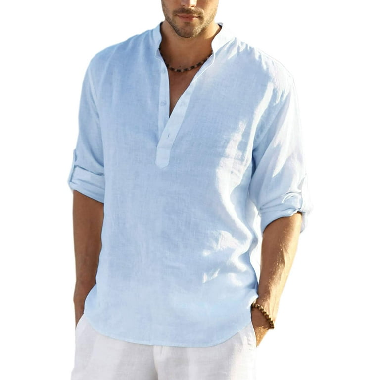 Mens Cotton Linen Henley Shirt Long Sleeve Hippie Casual Beach T Shirts 2024  